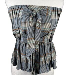 Blue and Gray plaid tie-front strapless peplum top.